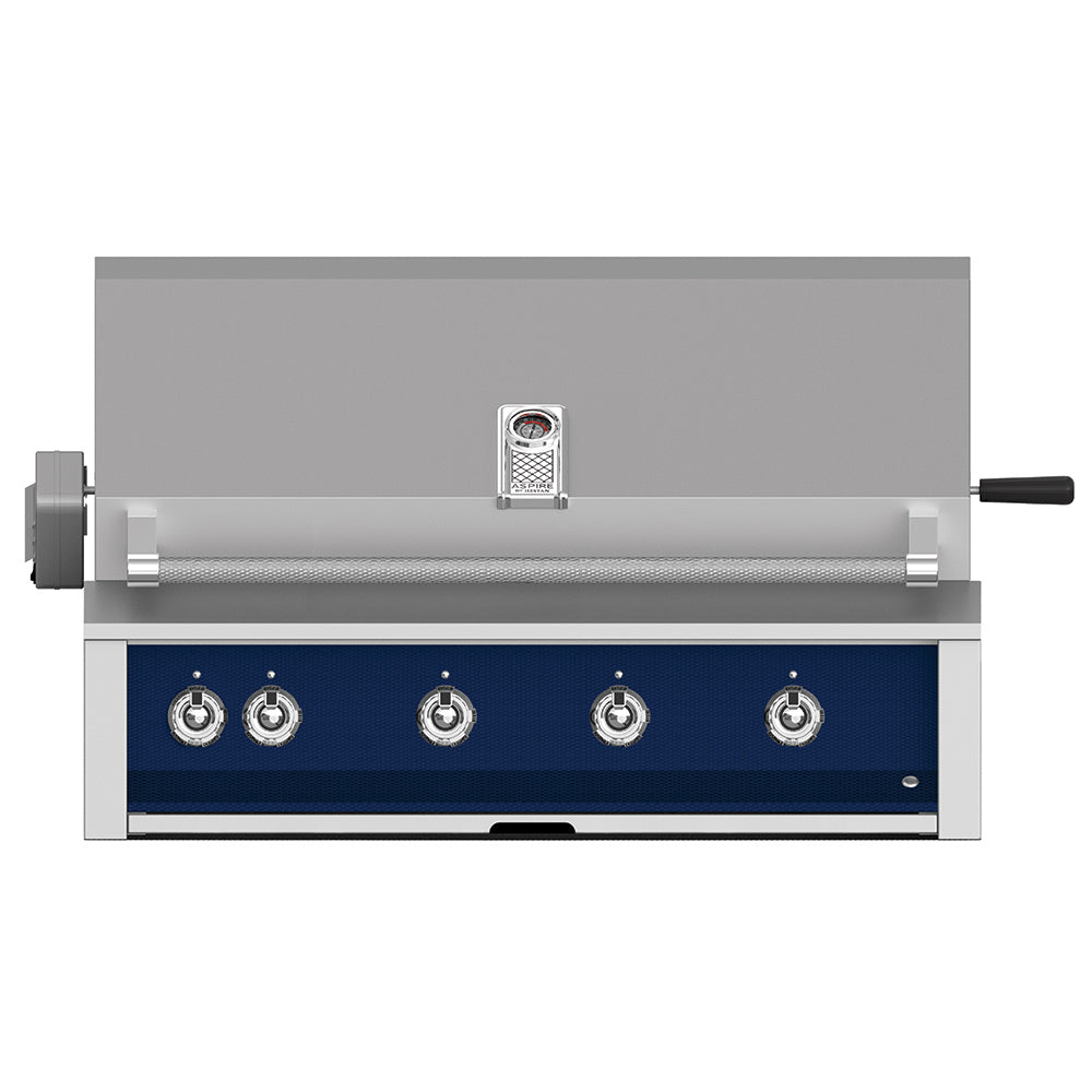 Built-in gas grill with four burners, four control knobs on dark blue panel and stainless bar