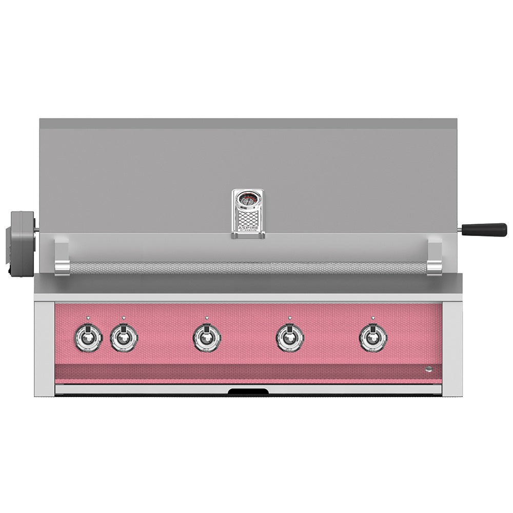 Built-in gas grill with side handle, four stainless knobs, and pink burner panel