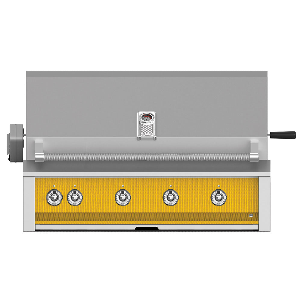 Built-in gas grill with side handle, four stainless knobs, and yellow burner panel