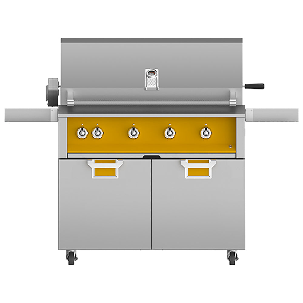 42-inch freestanding gas grill with yellow control panel and two cabinet doors