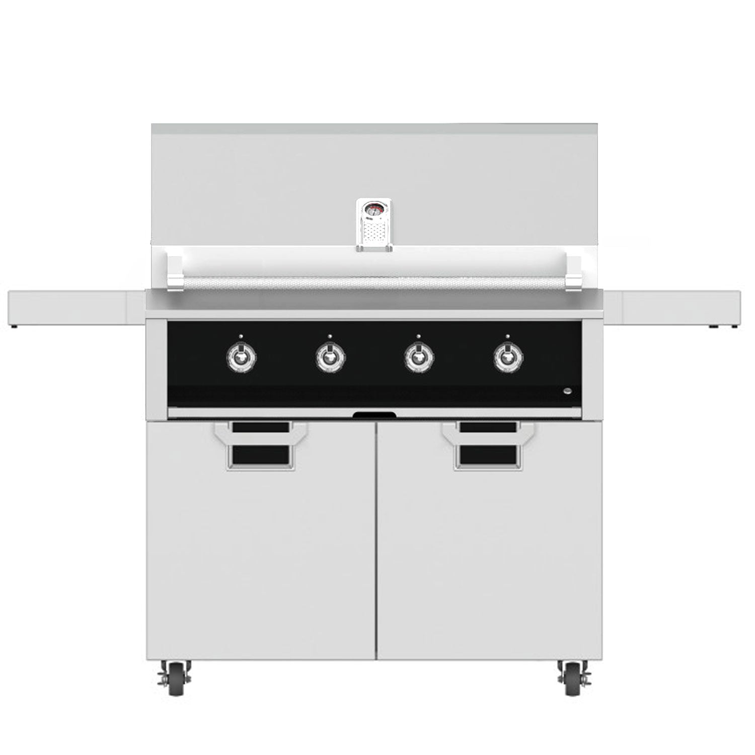 Freestanding gas grill with four round knobs on a black control panel