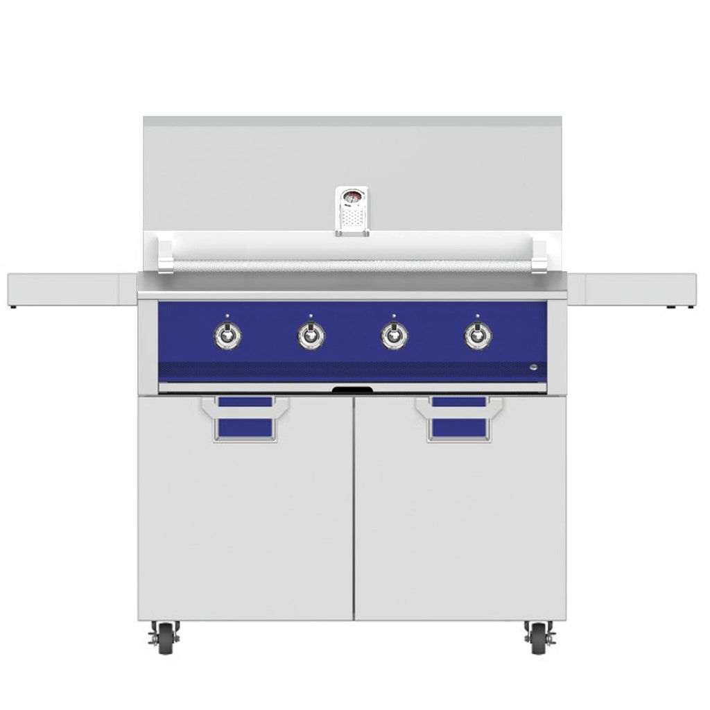 Freestanding gas grill with blue control panel, four knobs, side shelves, and two cabinet doors