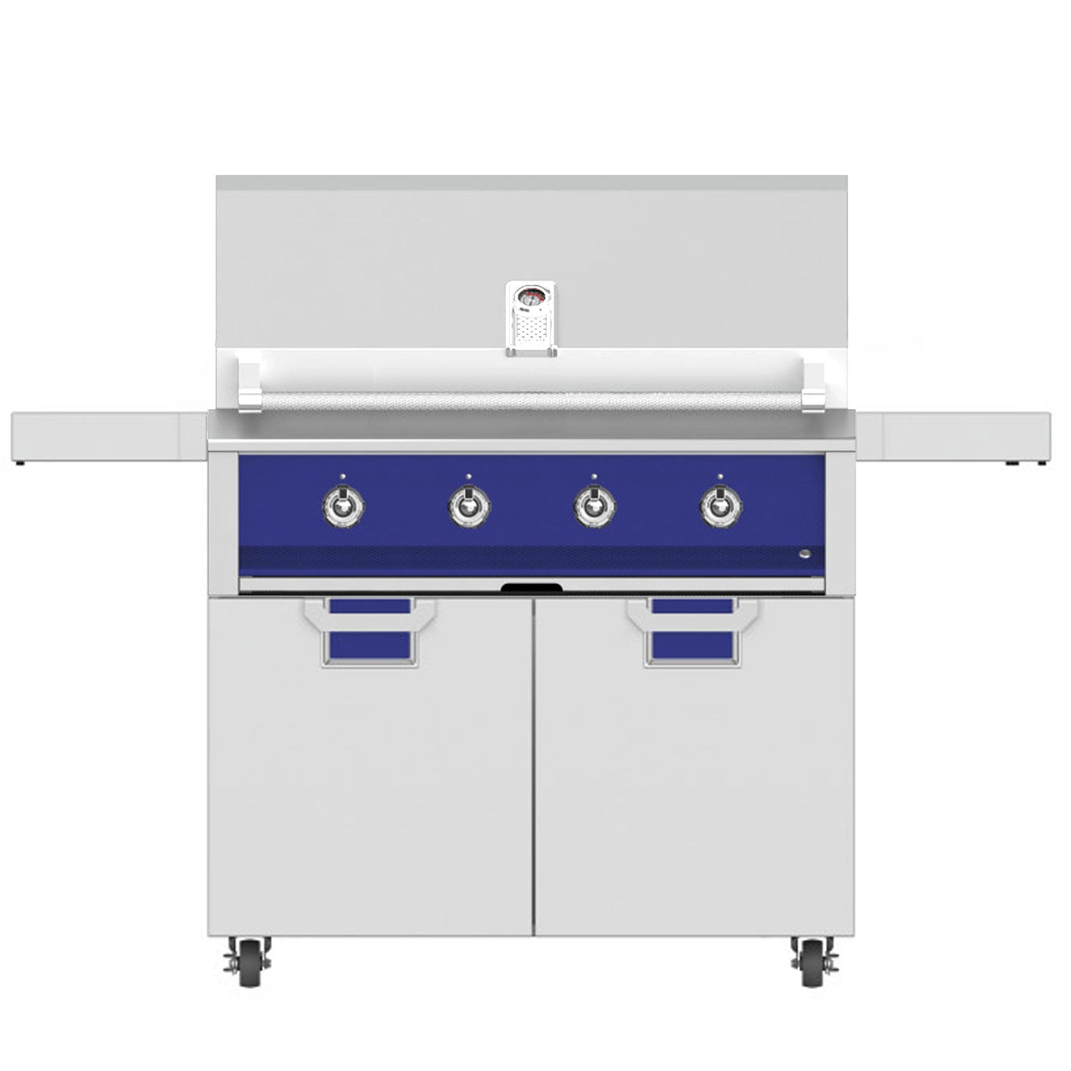 Freestanding gas grill with blue control panel, four knobs, side shelves, and two cabinet doors