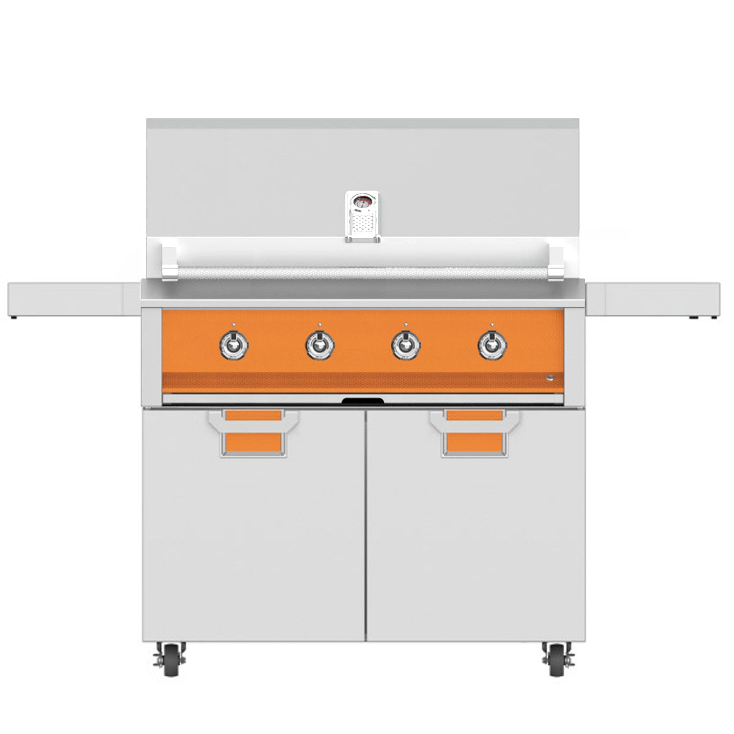 Freestanding gas grill with orange control panel, four knobs, side shelves, and two cabinet doors
