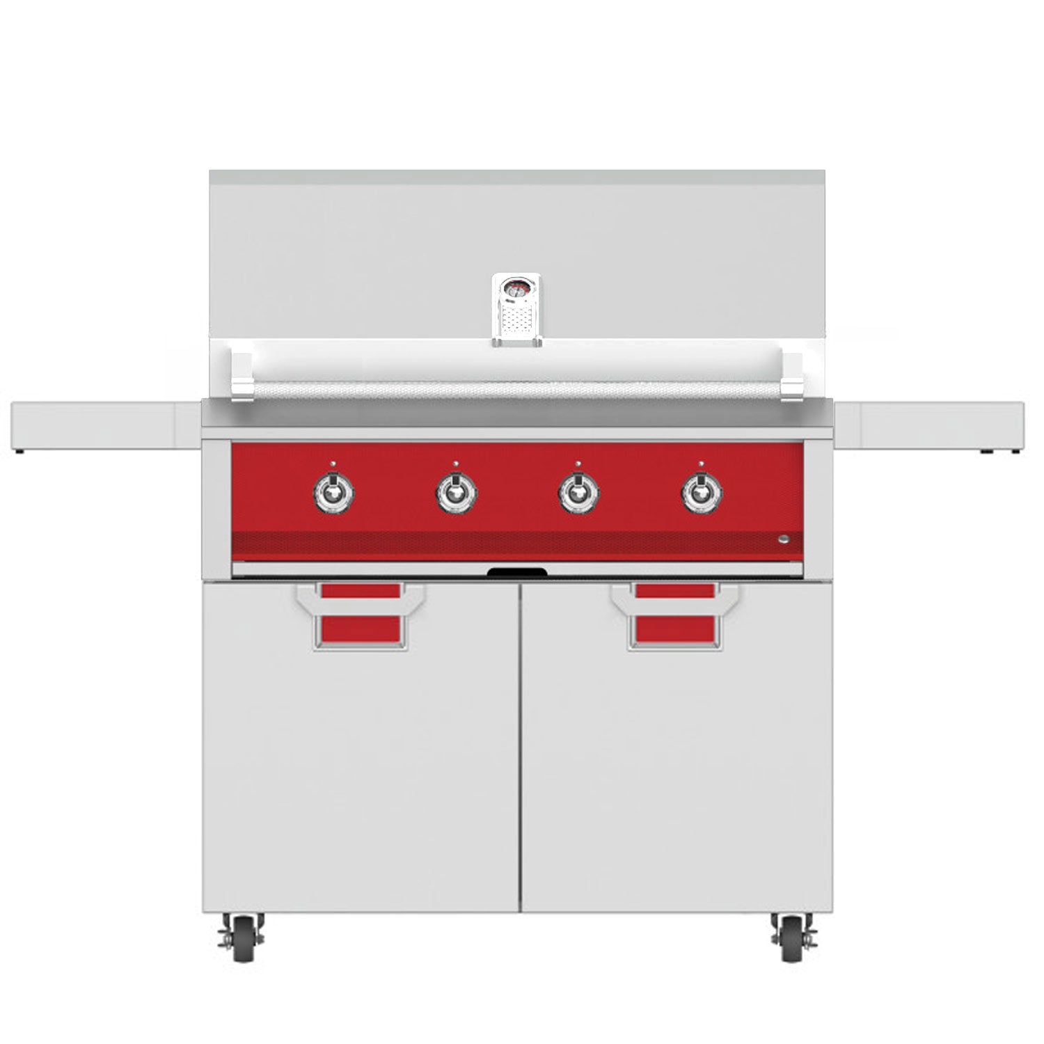Freestanding gas grill with four round knobs on a red control panel
