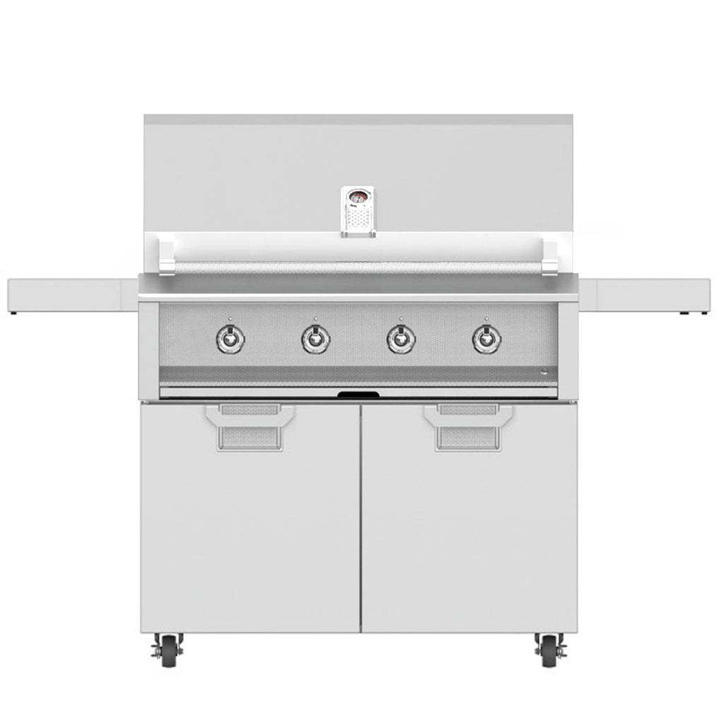 Freestanding gas grill with four round knobs on a stainless control panel