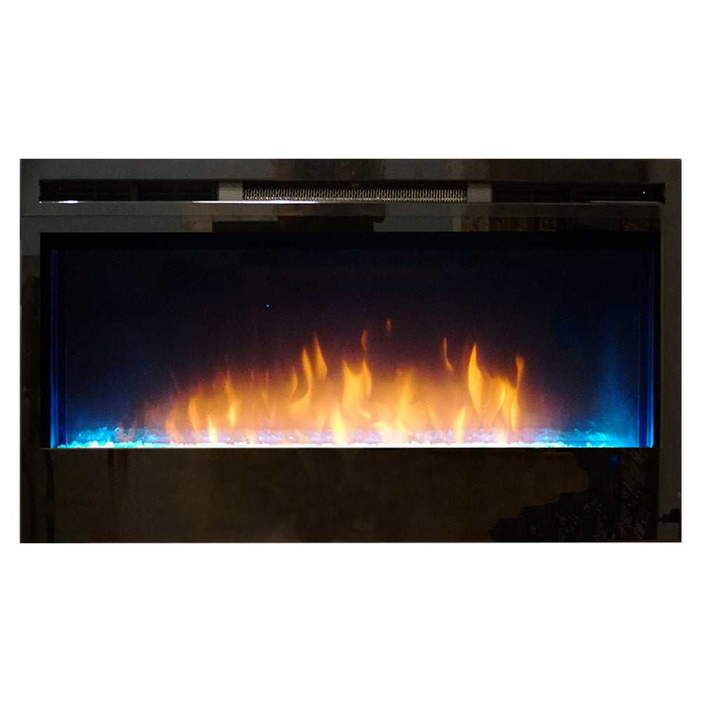 Linear electric fireplace with glowing orange flames and blue LED ember bed