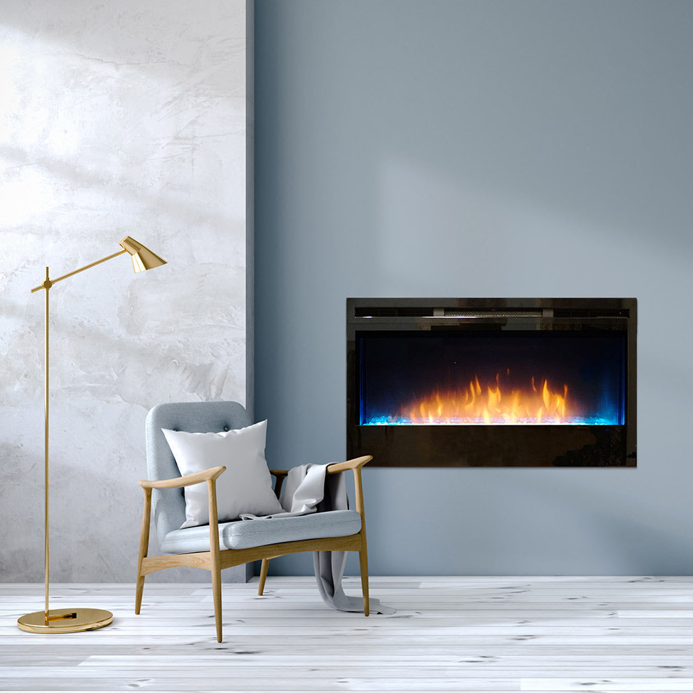 Wall-mounted linear electric fireplace with glowing flames and blue LED strip