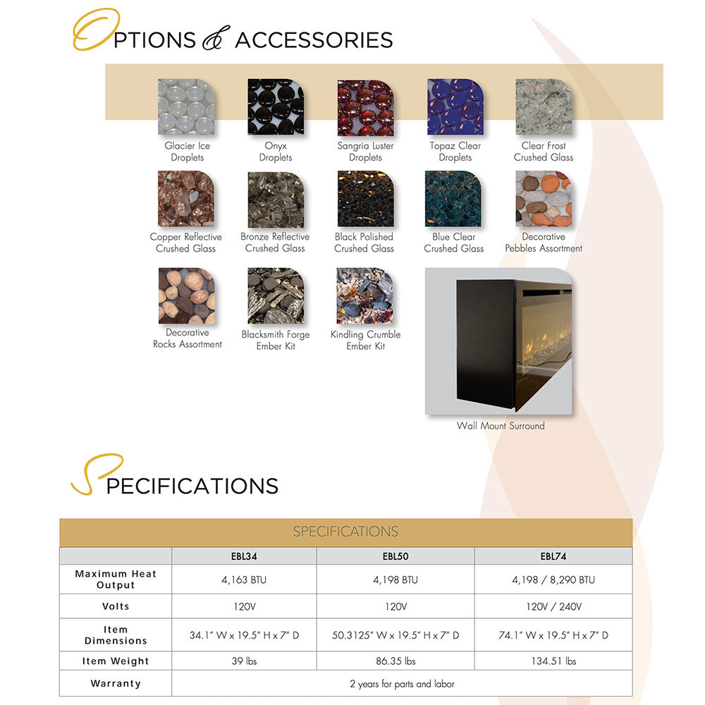 Crushed glass decorative media option chart for electric linear fireplace