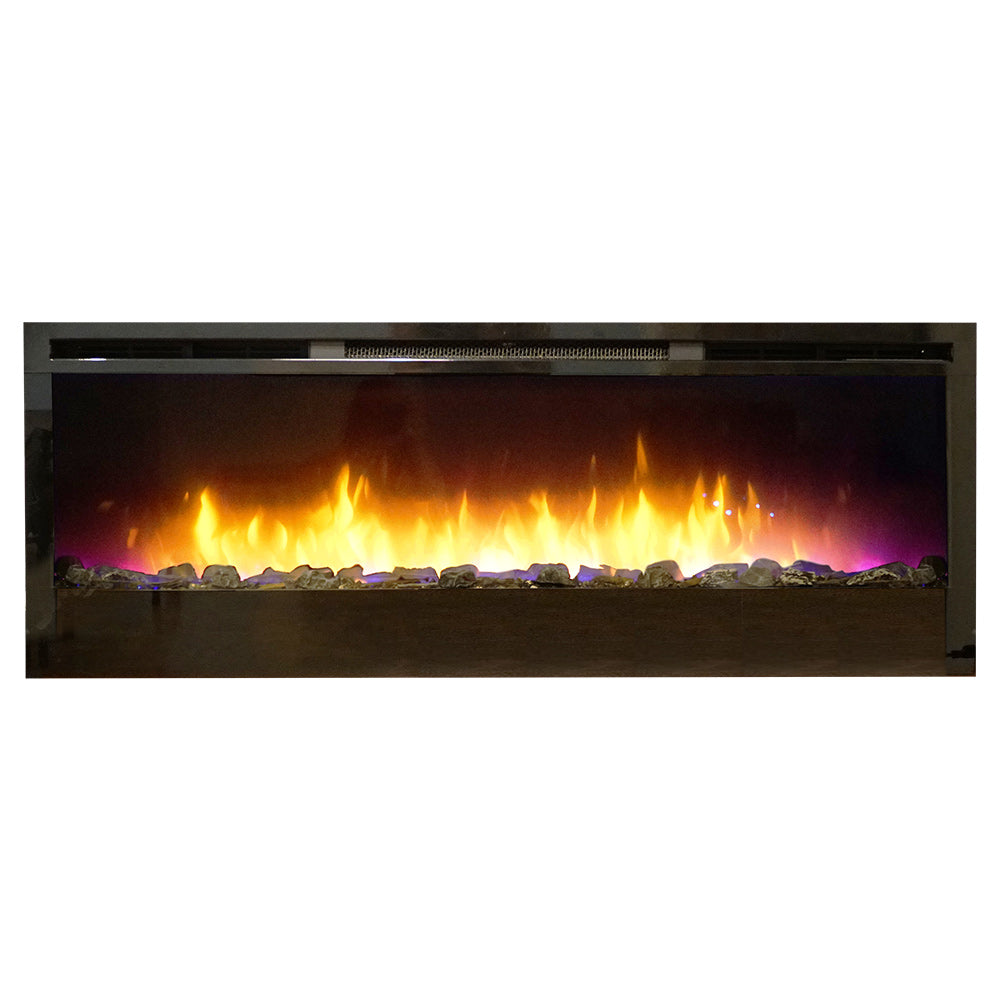 Linear electric fireplace with LED flame effect and crushed glass ember bed inside black frame