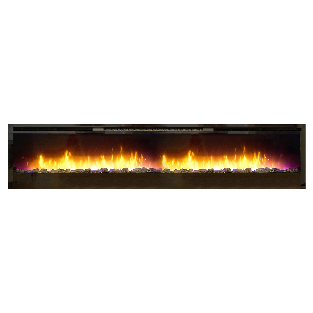 Linear electric fireplace with glowing flame effect and dark trim, front view.