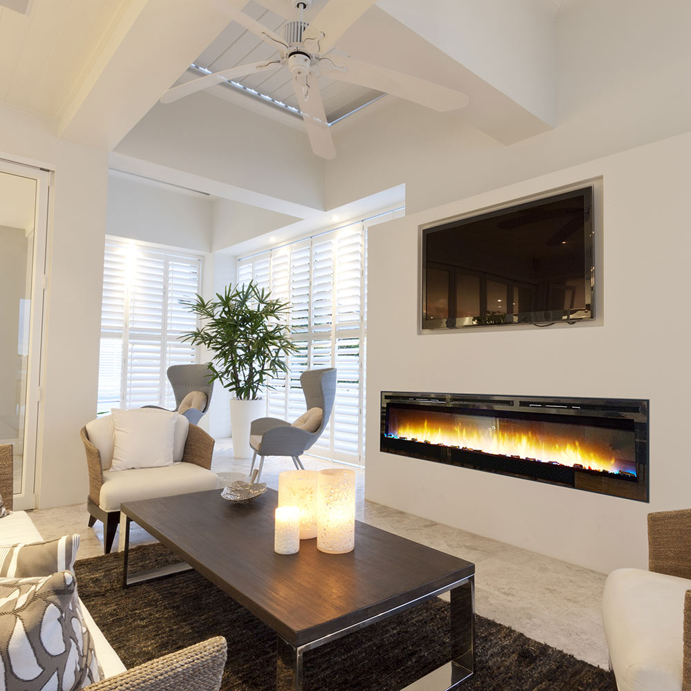 Wall-mounted linear electric fireplace with orange flame LED display and dark frame.