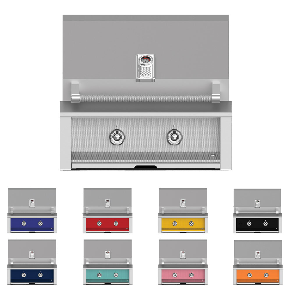 Built-in gas grill front view with control knobs and mesh burner panel, multiple finishes