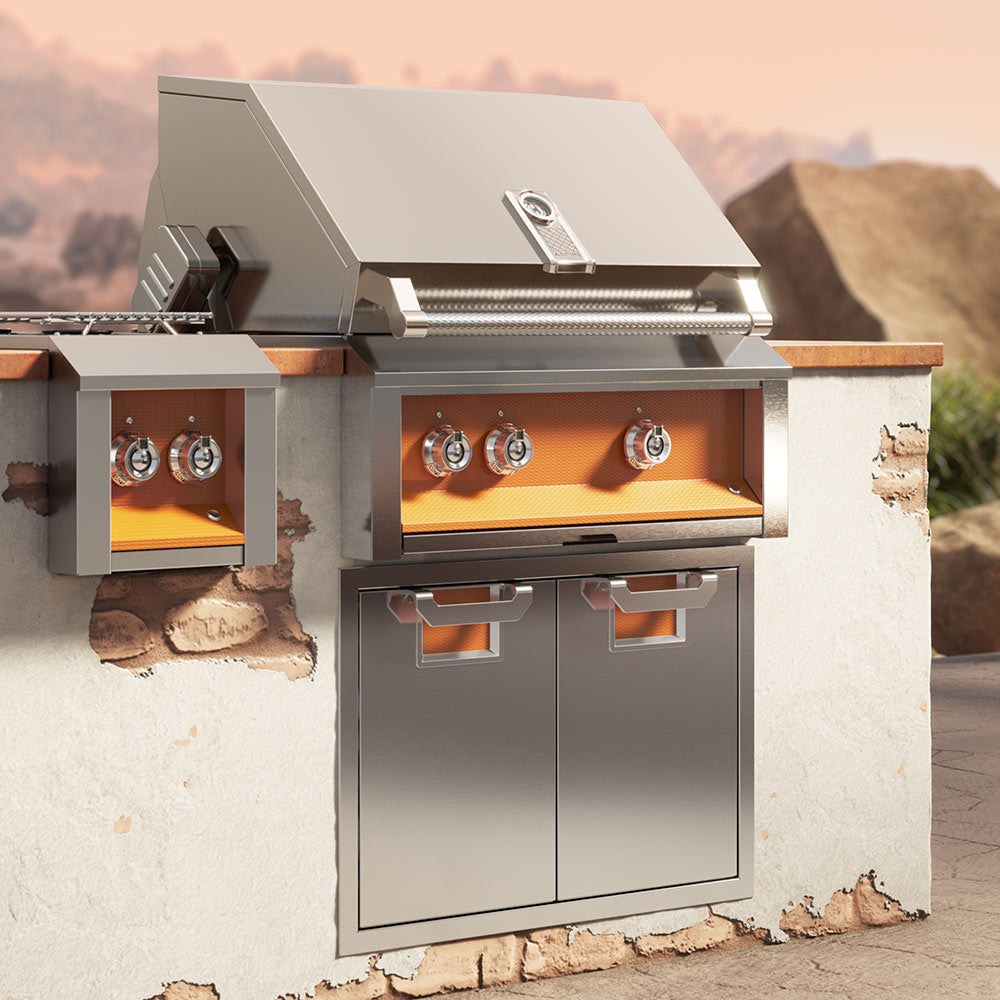 Built-in gas grill with stainless hood, side shelves, and three blue-flame burner openings