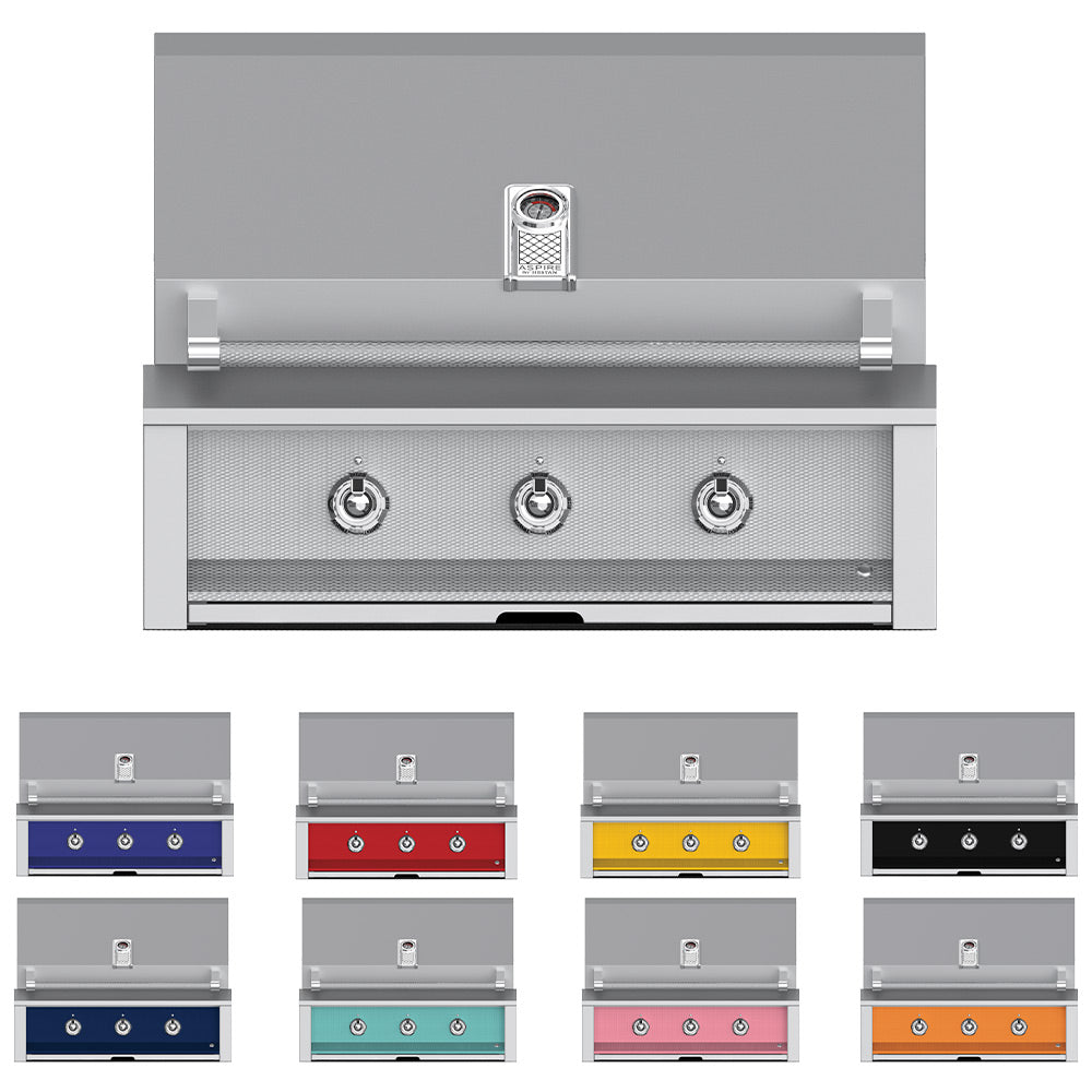 Built-in gas grill front panel with three control knobs and side warming strip