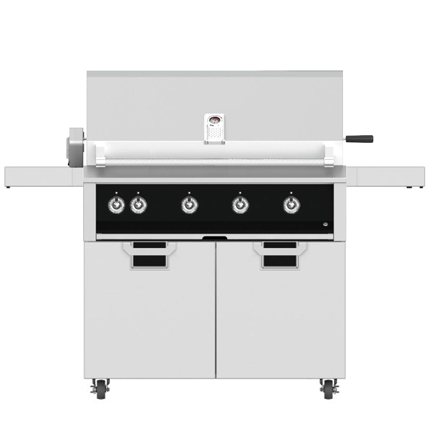 Freestanding gas grill with four round knobs under a black control panel