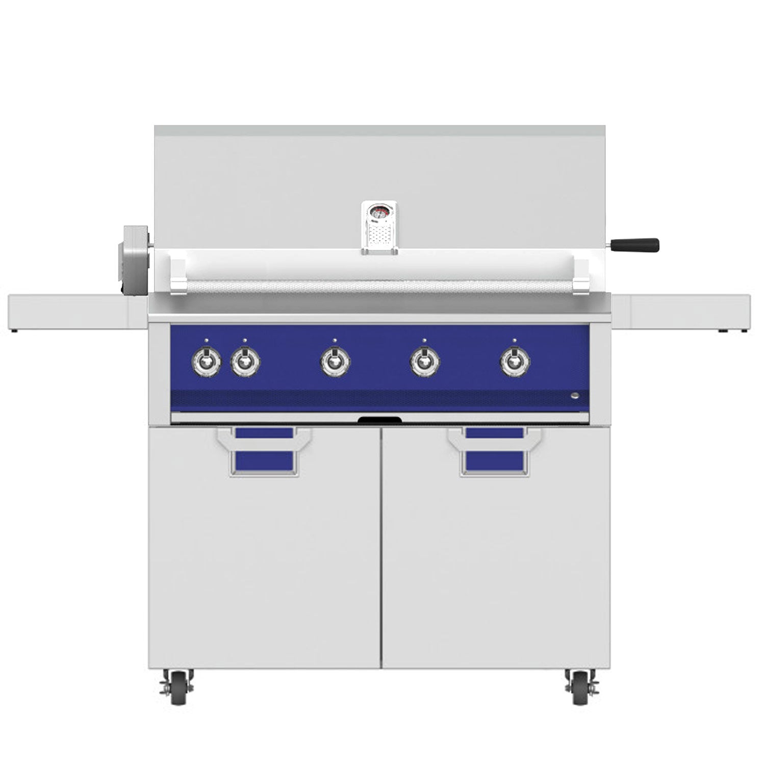 Freestanding gas grill with blue control panel and four knobs, side shelves, two cabinet doors