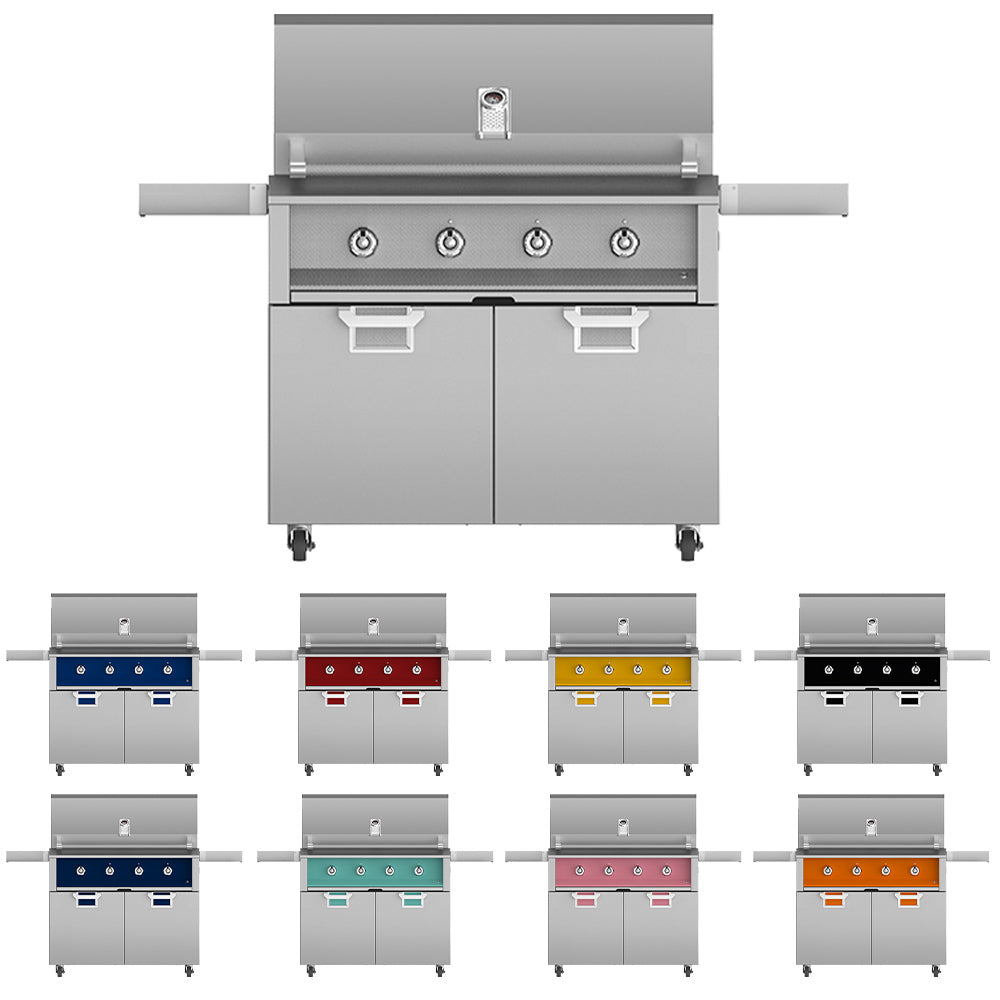 Freestanding gas grill with multiple colored control panel options and side shelves