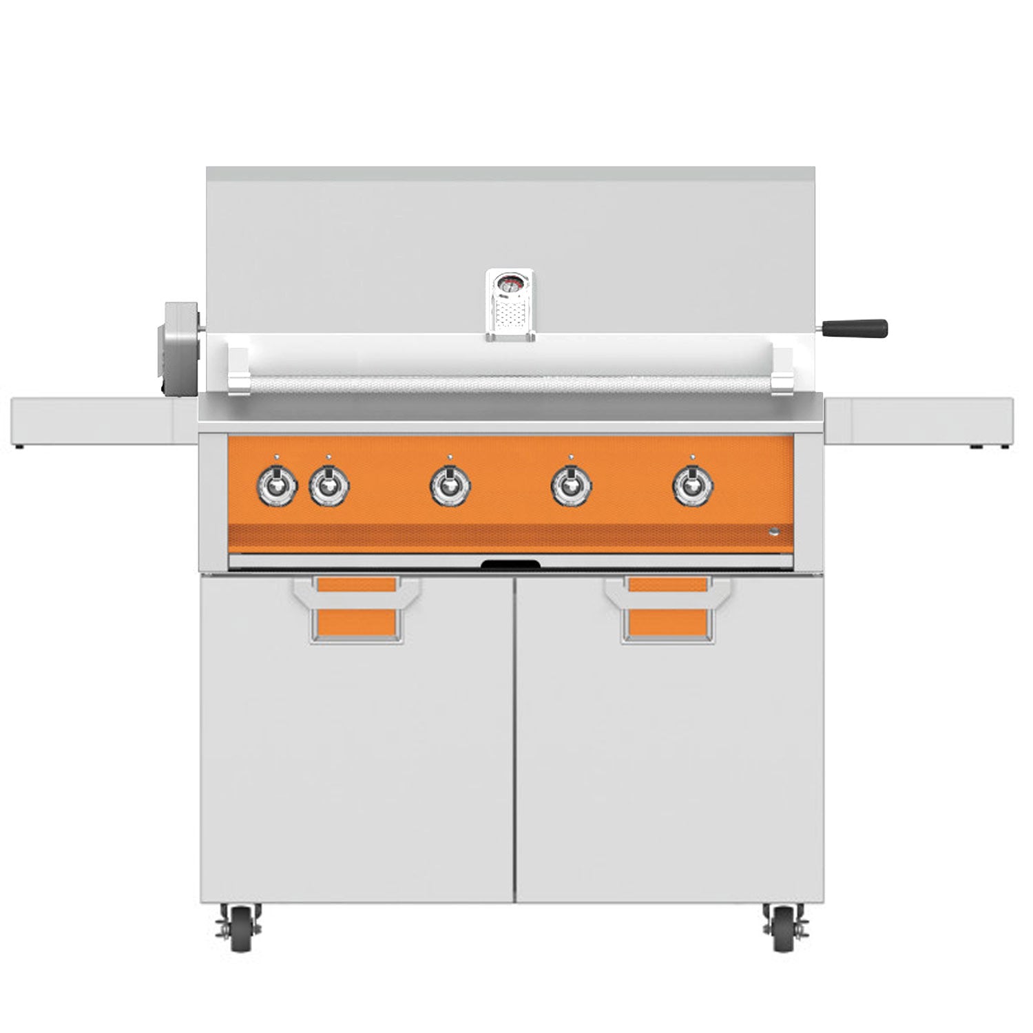 Freestanding gas grill with orange control panel and four knobs, open front, two cabinet doors