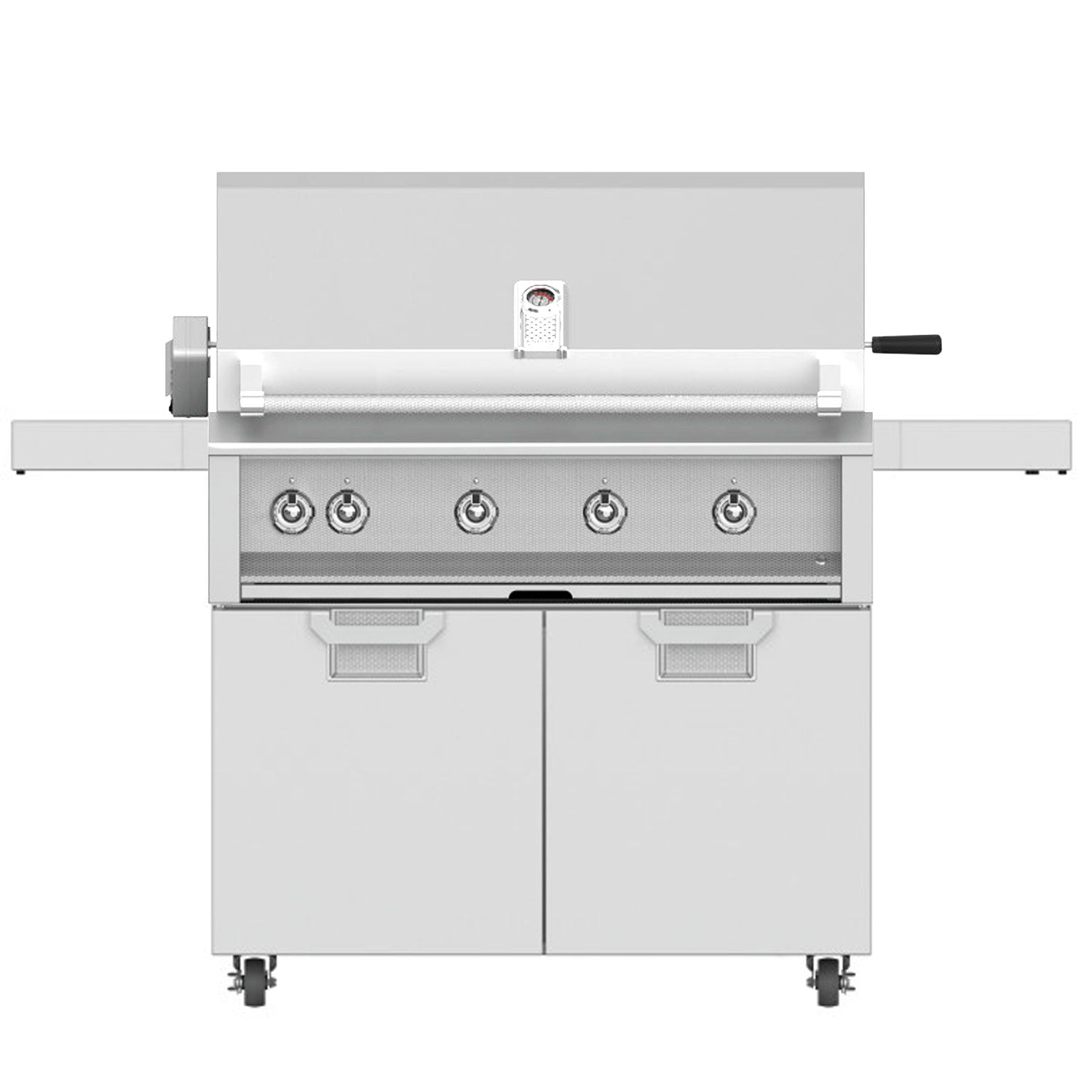 Freestanding gas grill with four round knobs on a stainless control panel and black handle