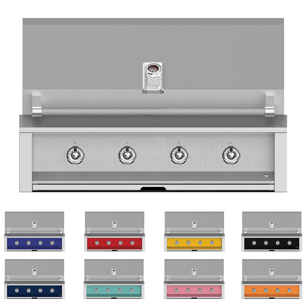 Built-in gas grill front panel with four control knobs and burner cover, stainless steel.