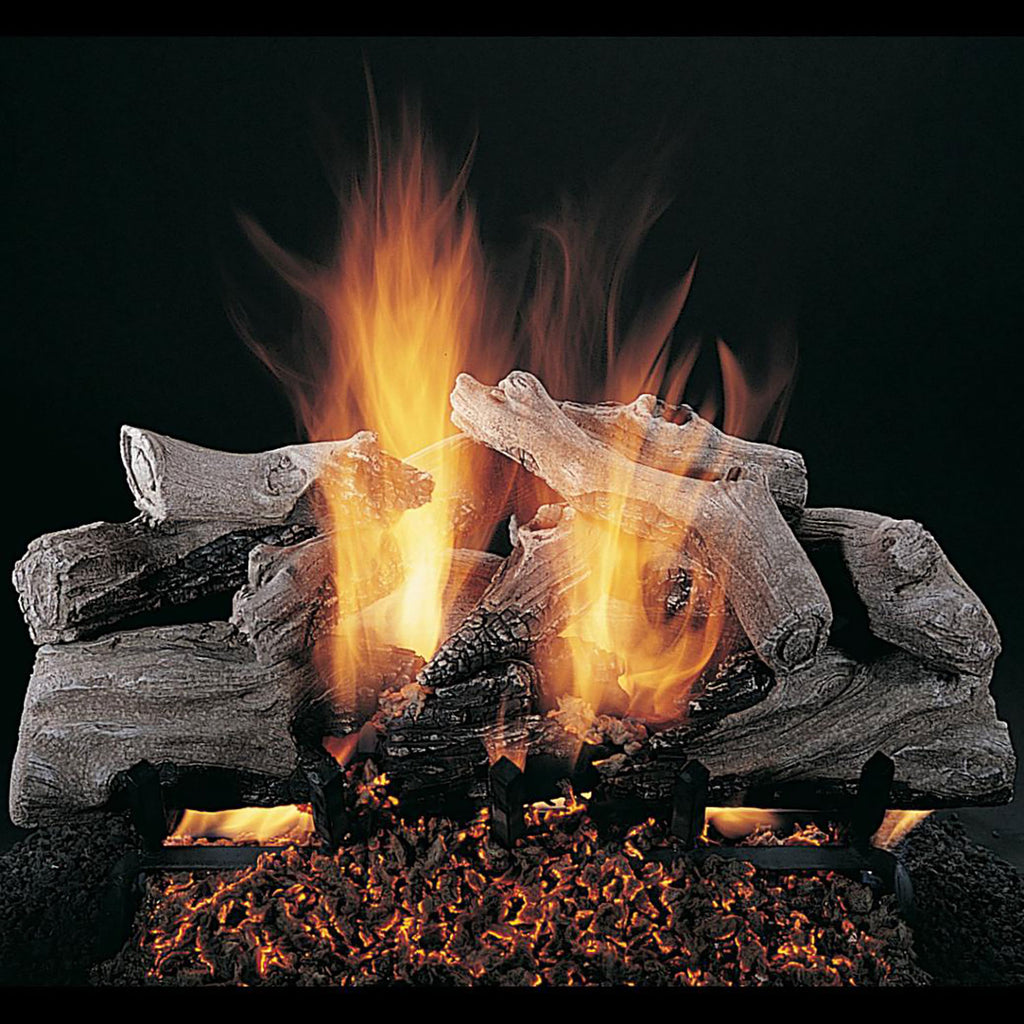 Double-sided gas logs set with gray firewood-style logs and active orange flames