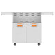 Double-door grill cart with vented top panel and two doors, orange pull-out accents, light gray.