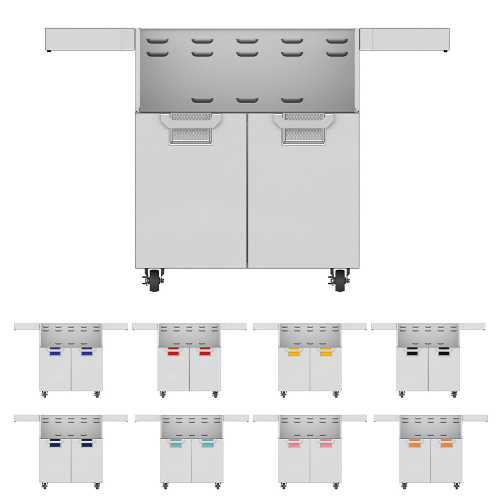 Double-door grill cart base with vent panel and two doors, light gray metal.