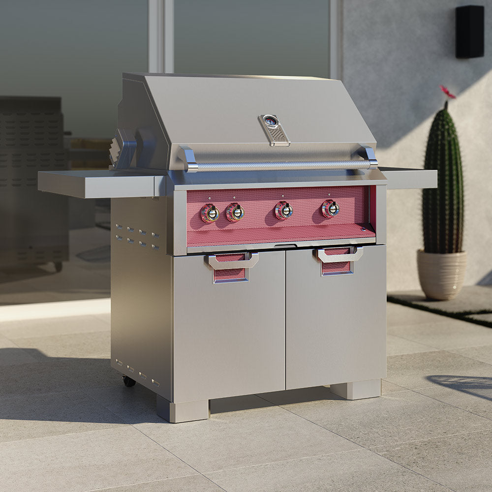 Outdoor grill cart with control knobs, side shelves, and two cabinet doors, light gray with pink front.