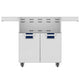Double-door grill cart with vented top panel and two doors, dark blue pull-out accents, light gray.