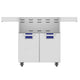 Double-door grill cart with vented top panel and two doors, blue pull-out accents, light gray.