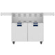 36-inch double-door grill cart with stainless finish and two lower drawers with dark blue panels