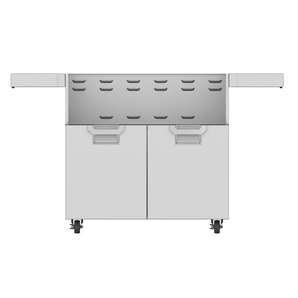 36-inch double-door grill cart with stainless finish, side shelves, and caster wheels