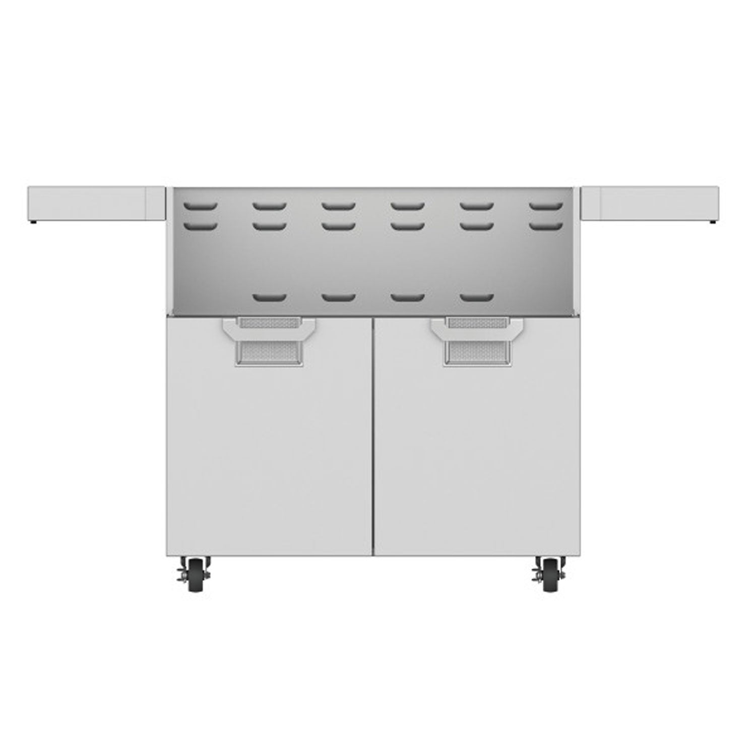 36-inch double-door grill cart with stainless finish, side shelves, and caster wheels