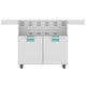 Double-door grill cart with two cabinet doors and upper vent panel, blue storage inserts