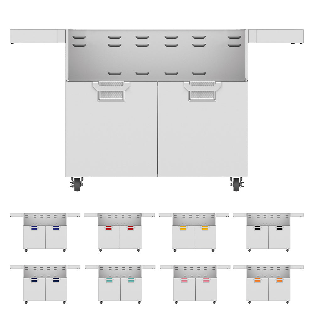 Double-door grill cart with stainless base, side shelves, and caster wheels
