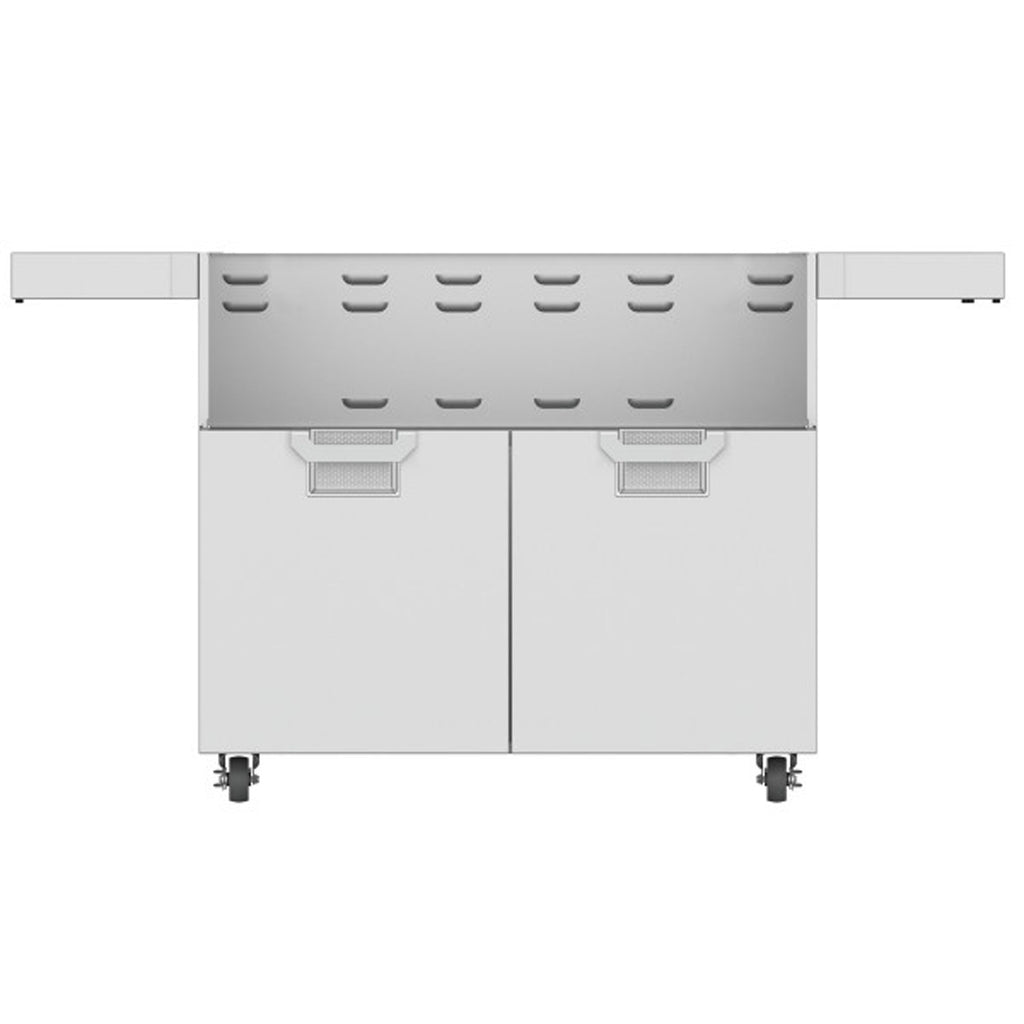 Double-door grill cart with stainless doors, vented warming area, and casters
