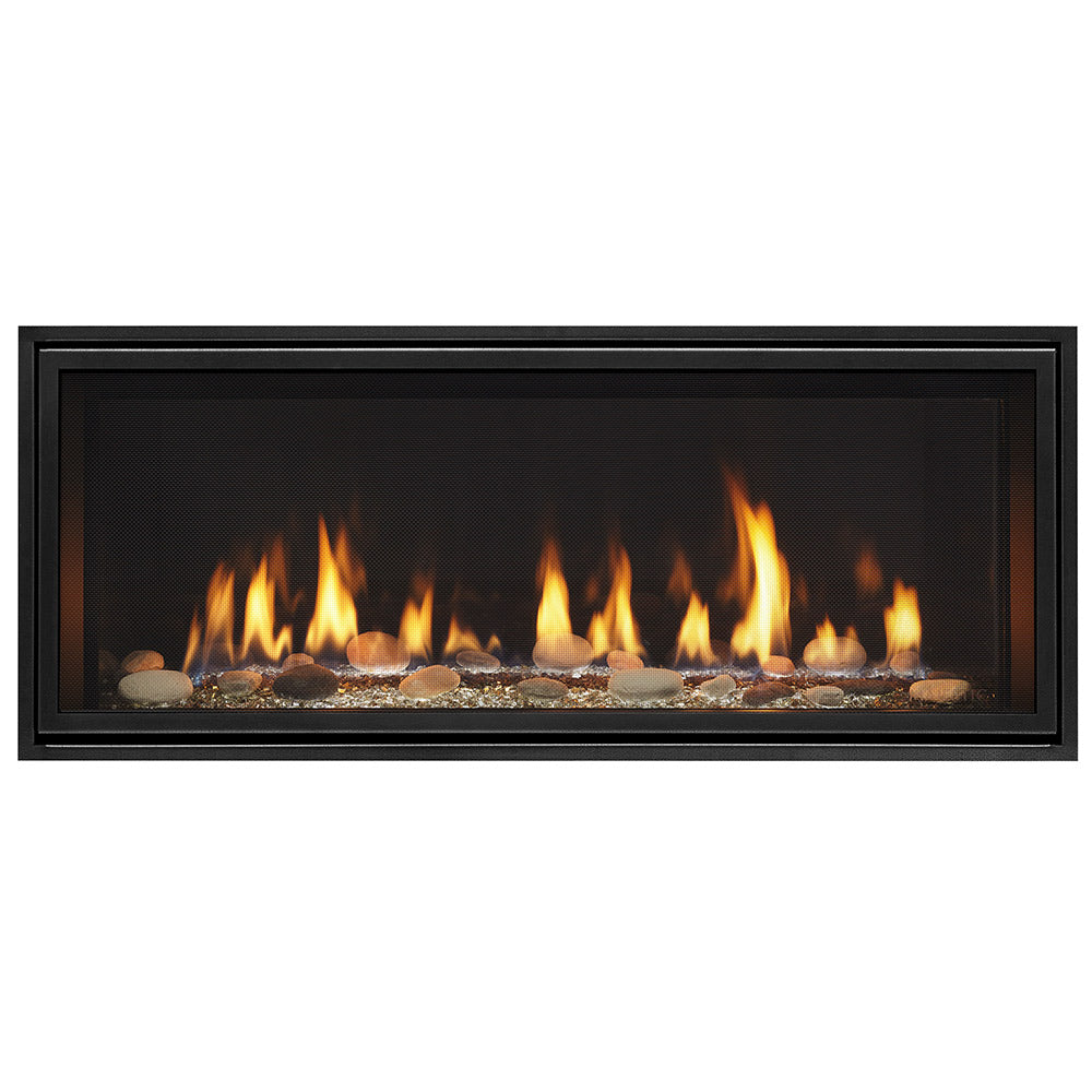 Black linear direct vent gas fireplace with glowing flames behind glass