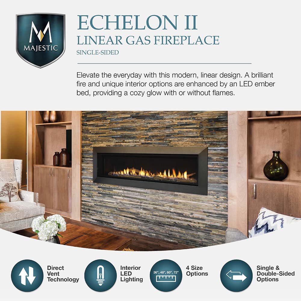 Linear gas fireplace with flame view set in a modern stone surround, black firebox frame