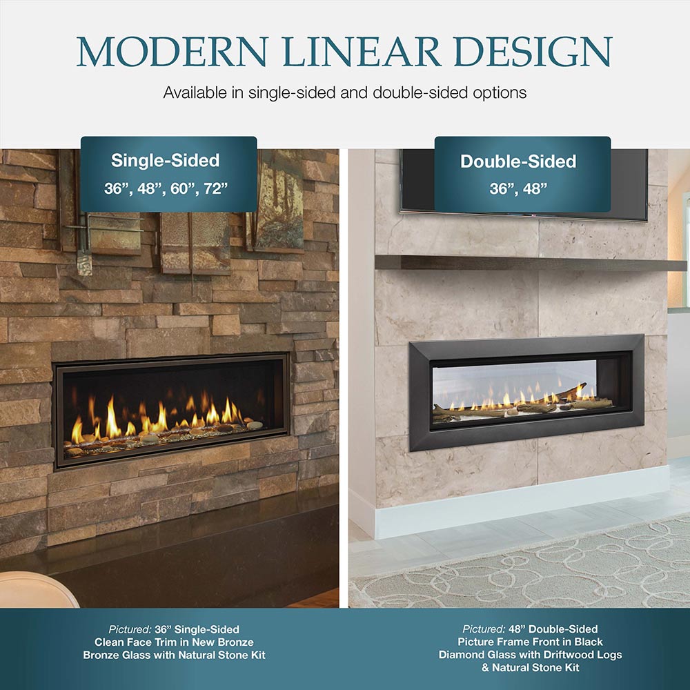 Marketing graphic showing single-sided and double-sided linear gas fireplace options