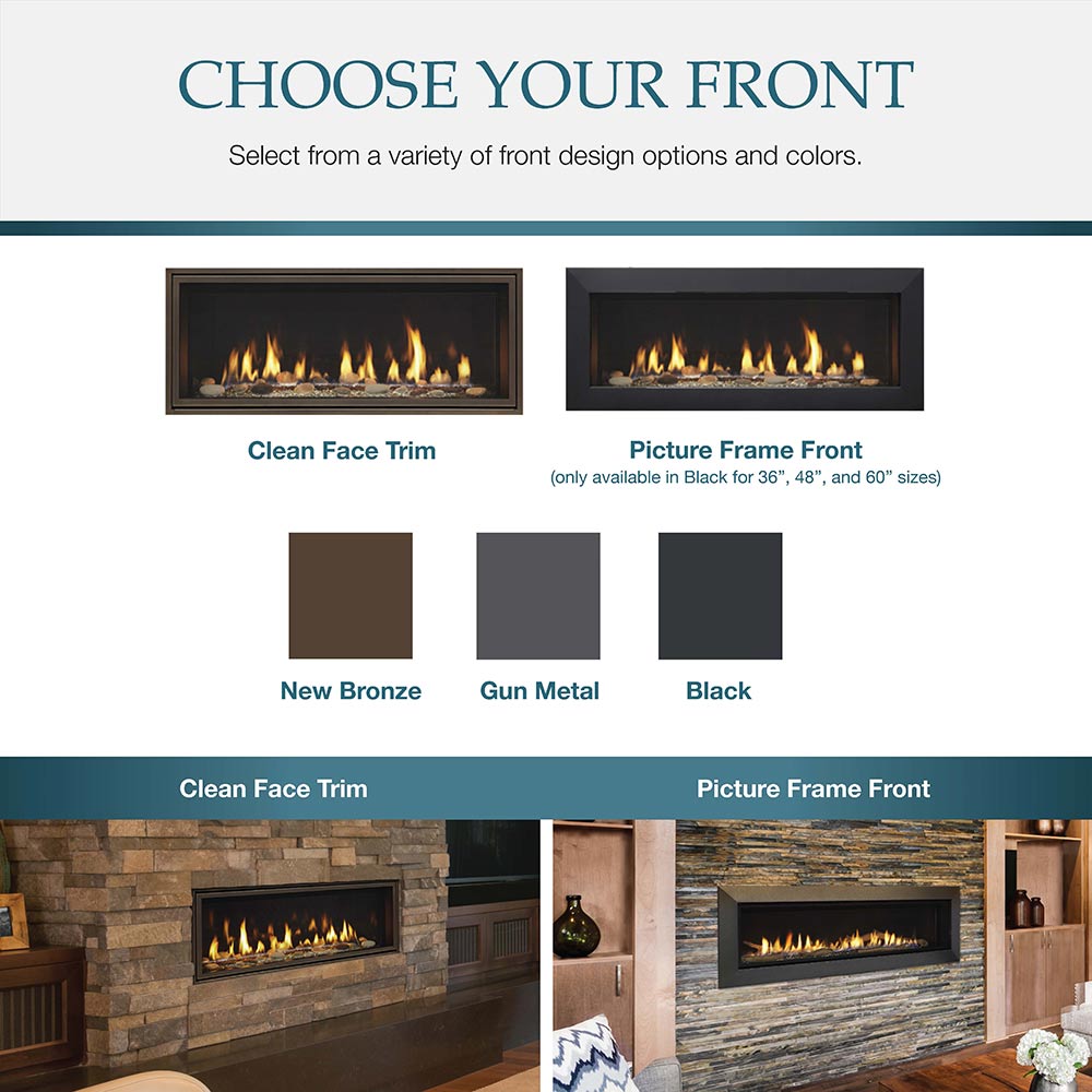Linear gas fireplace front options shown: clean face trim and picture frame front