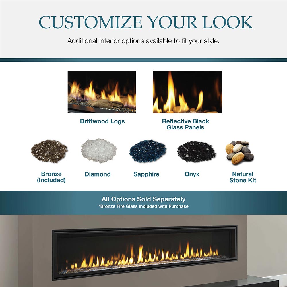 Marketing graphic for interior options, including driftwood logs and reflective glass panels
