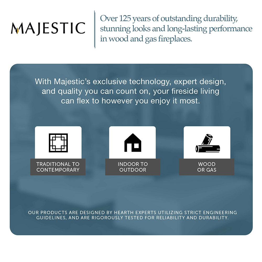 Majestic gas fireplace durability and design concept with feature icons on a blue panel