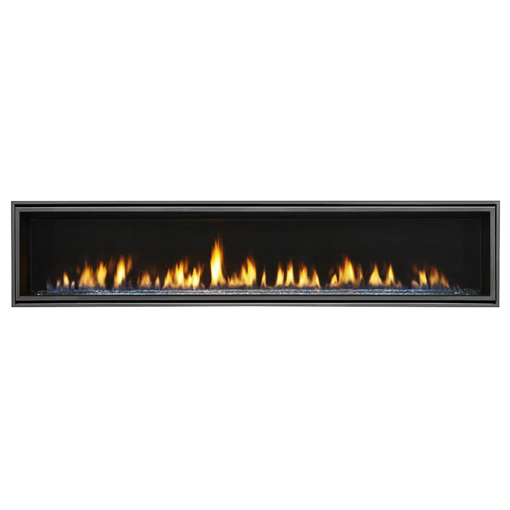 36-inch direct vent gas fireplace with black trim, glass front and visible flames