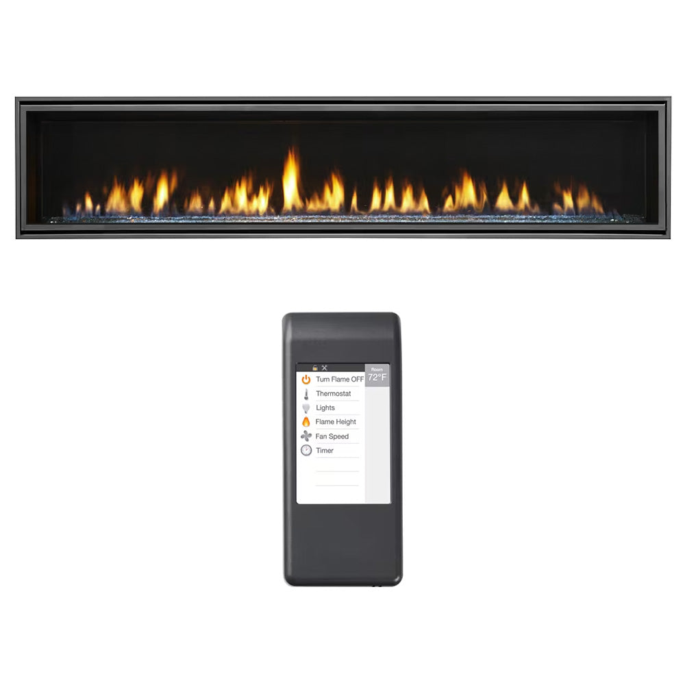 Linear gas fireplace with flames and included handheld remote control