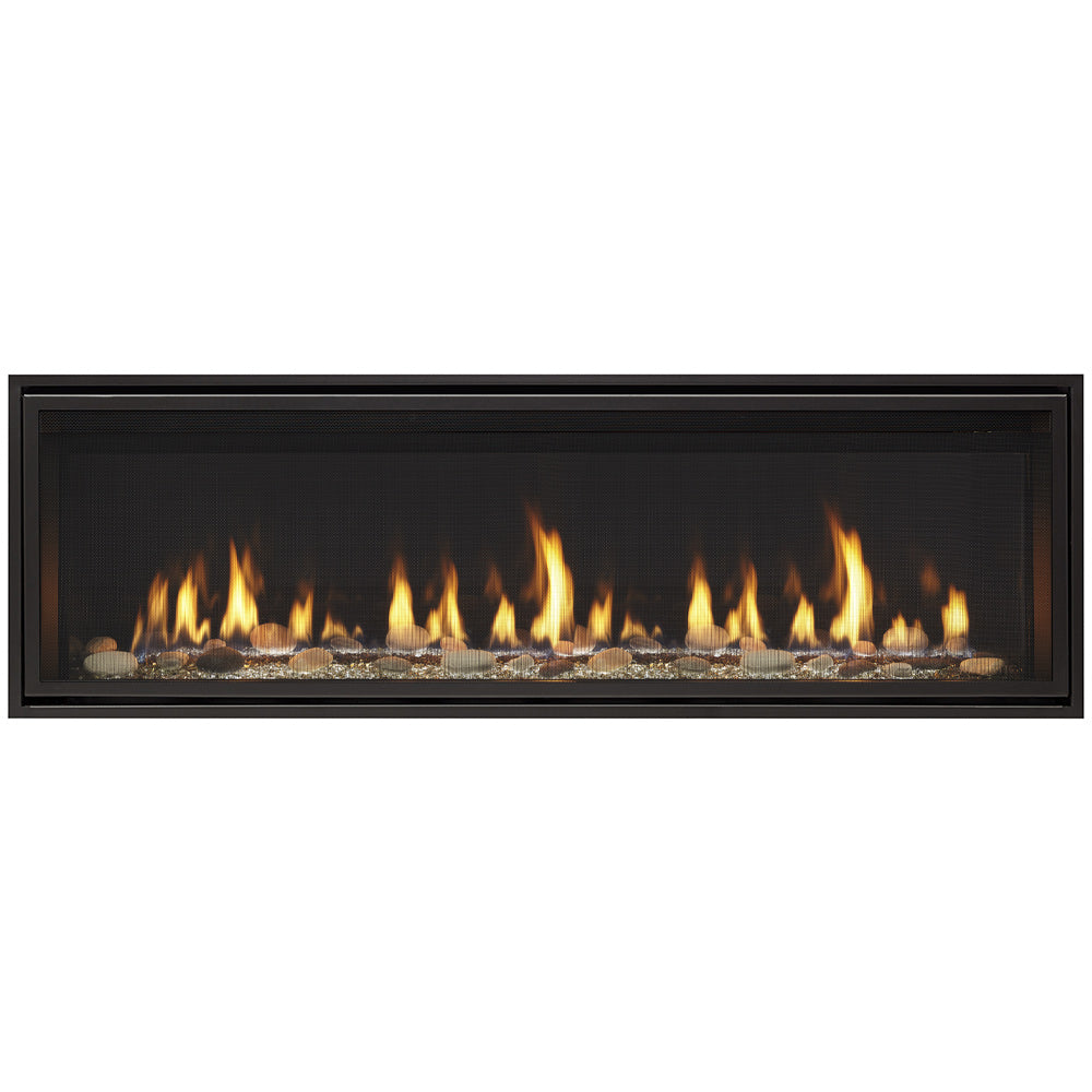 48-inch direct vent gas fireplace with black clean-face trim and glowing flame logs