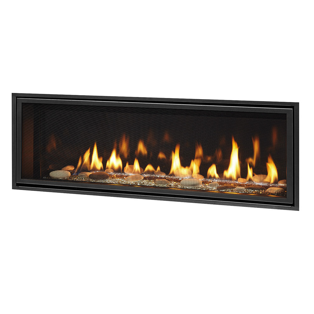 48-inch direct vent gas fireplace with black frame and flame over stone log bed
