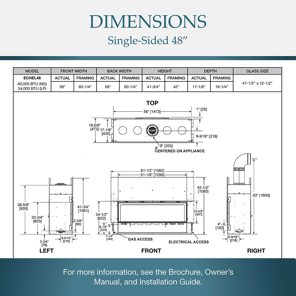 Dimensions diagram for single-sided 48-inch linear gas fireplace with labeled measurements