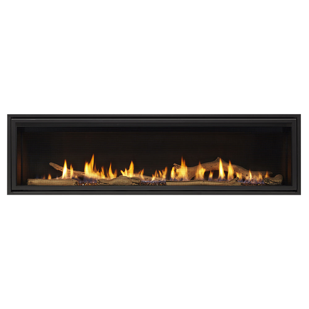 Black linear direct vent gas fireplace with glowing flames behind clean glass frame