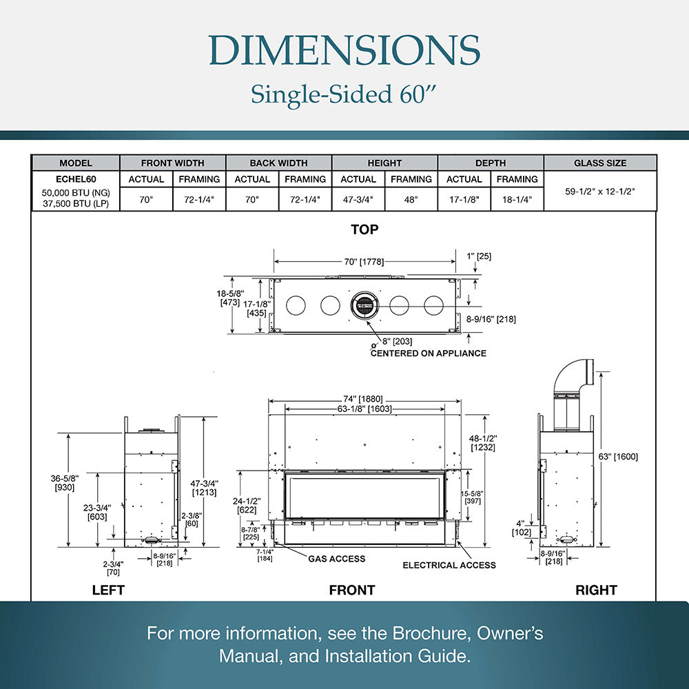 Dimensions diagram for 60-inch single-sided linear gas fireplace, front view layout